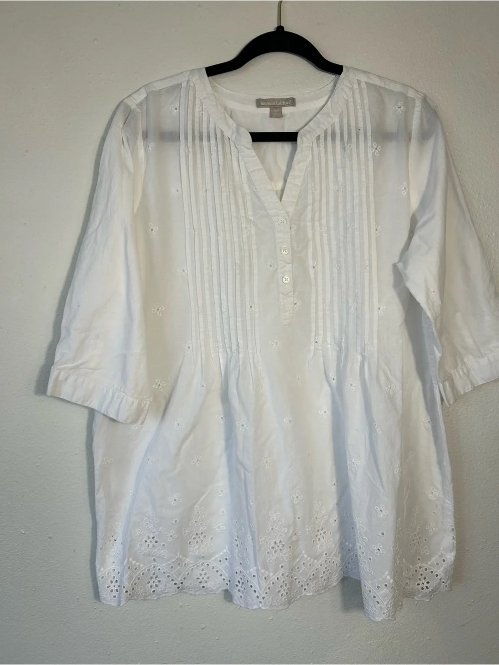 Woman Within White Eyelet Pintuck Tunic Top Plus Size L 18/20 Cotton Boho Blouse - Picture 2 of 7